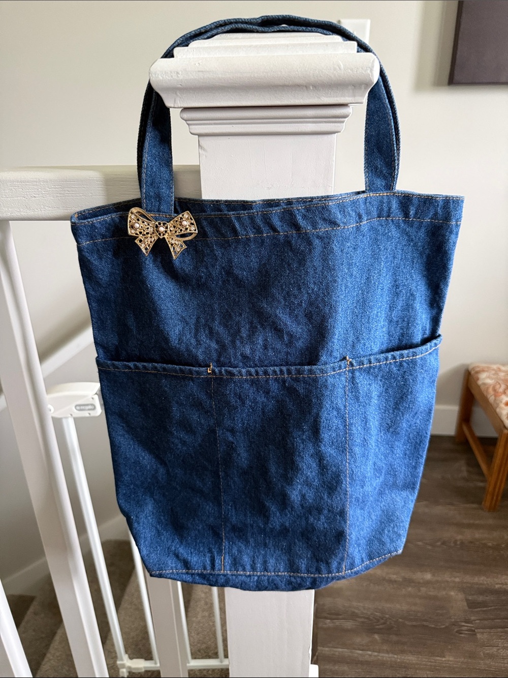 Handmade Denim Tote Bag  Purse Vintage Bow Brooch Included